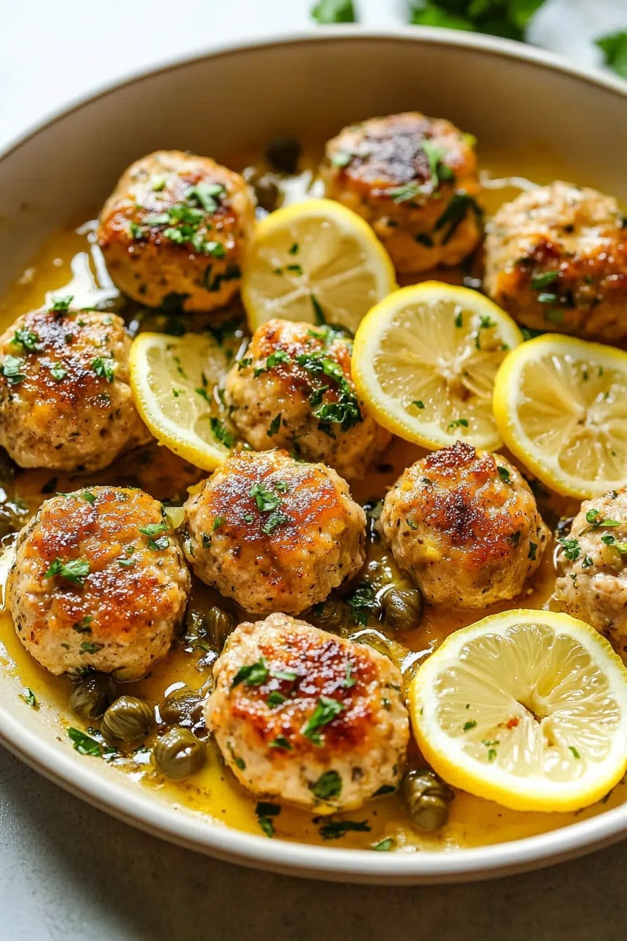 Chicken Piccata Meatballs with Lemon Zest and Caper Sauce