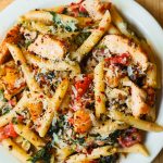 Chicken and Bacon Pasta with Spinach and Tomatoes in Garlic Cream