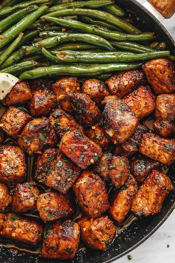 Garlic Butter Pork Bites with Lemon Green Beans