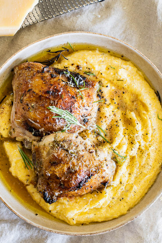 Rosemary Chicken with Cacio E Pepe Polenta