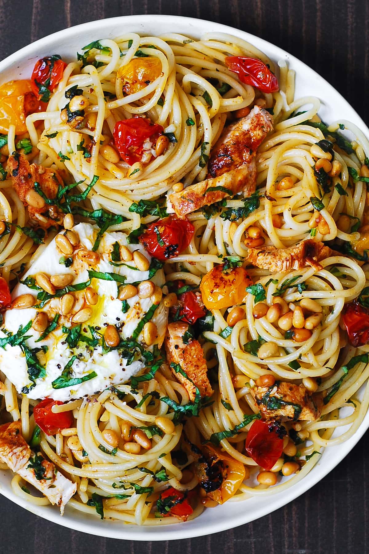 Chicken Spaghetti with Burrata and Lemon Butter Garlic Sauce