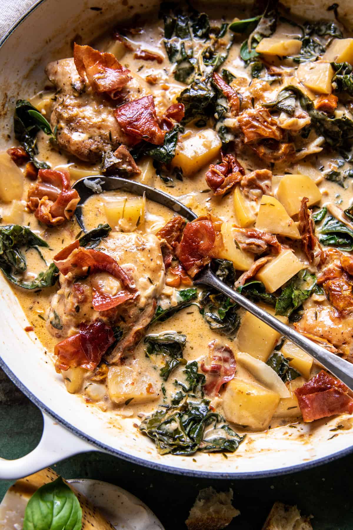 Creamy Tuscan Chicken with Crispy Prosciutto 