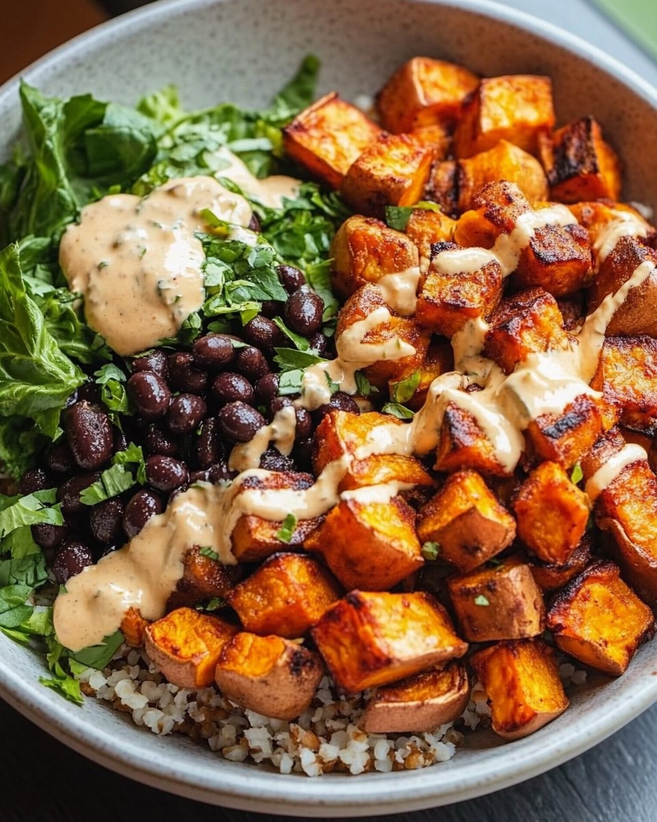 Crispy Roasted Sweet Potatoes with Black Bean Salad & Sriracha Yogurt Dressing