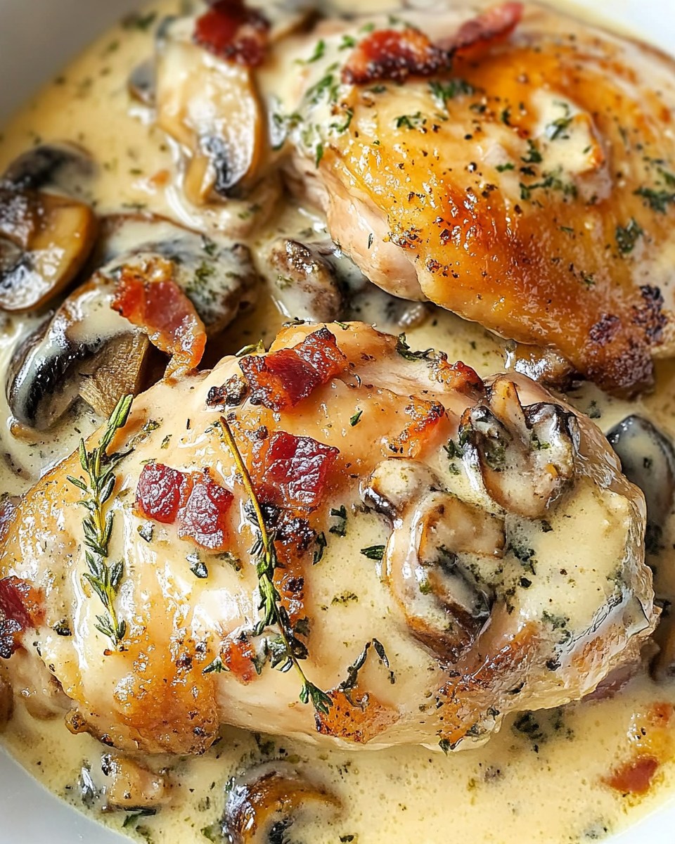 Thyme-Infused Creamy Mushroom Bacon Chicken Thighs