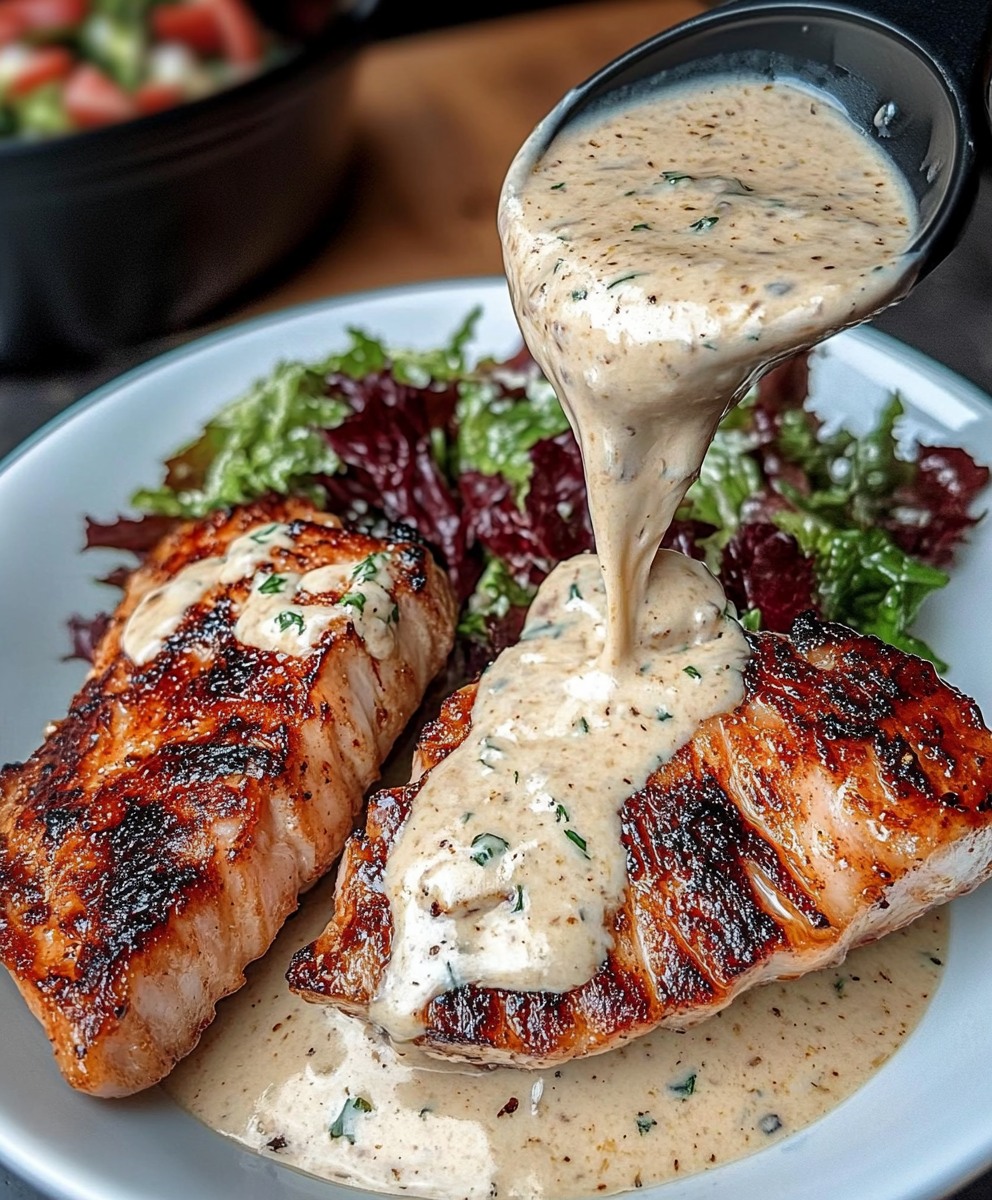 Tuna Steaks with Creamy Garlic Sauce & Salad
