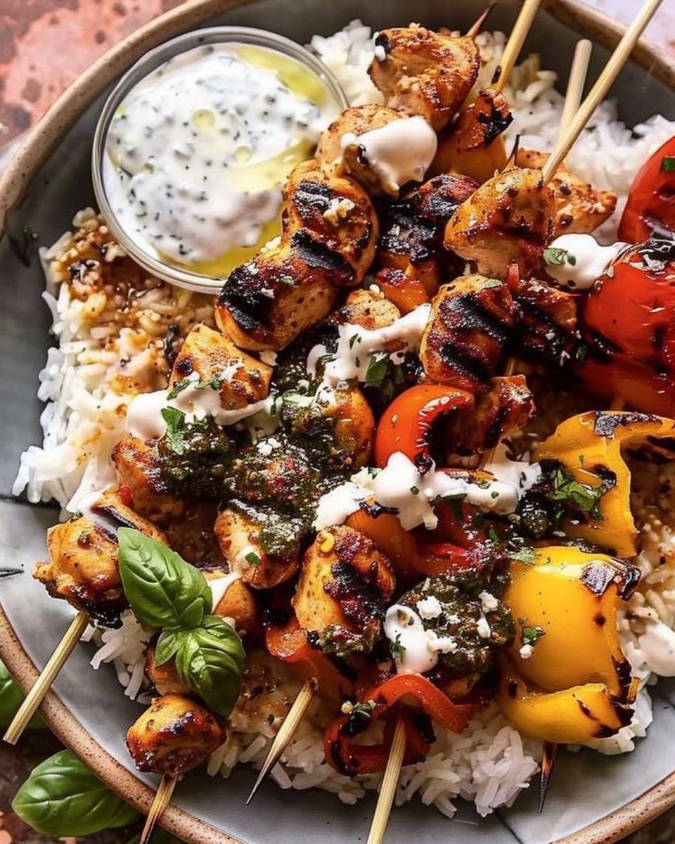 Chicken Skewers and Charred Peppers with Herbaceous Vinaigrette