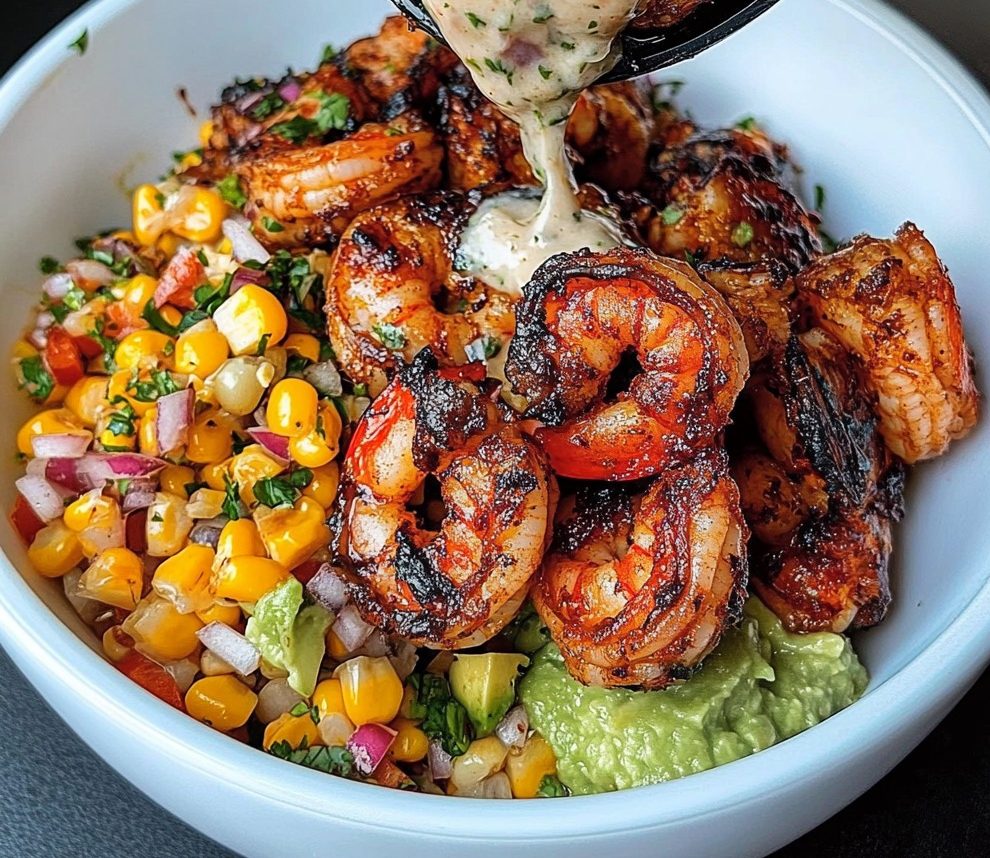 Grilled Shrimp Bowl with Avocado, Corn Salsa & Creamy Garlic Sauce