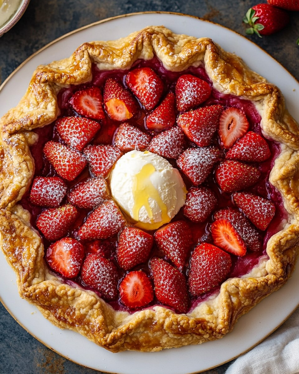 A buttery, flaky crust filled with sweet, juicy strawberries, baked to golden perfection, and finished off with a drizzle of honey and a scoop of creamy vanilla ice cream.