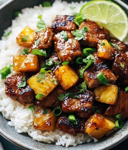 Caramelized Teriyaki Pork with Pineapple and Coconut Jasmine Rice