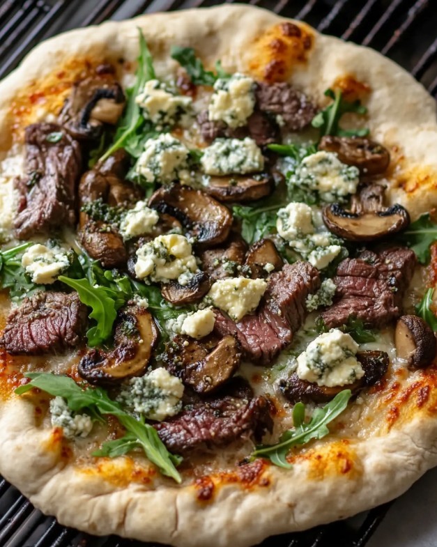 Grilled Steak and Mushroom Pizza with Gorgonzola and Arugula