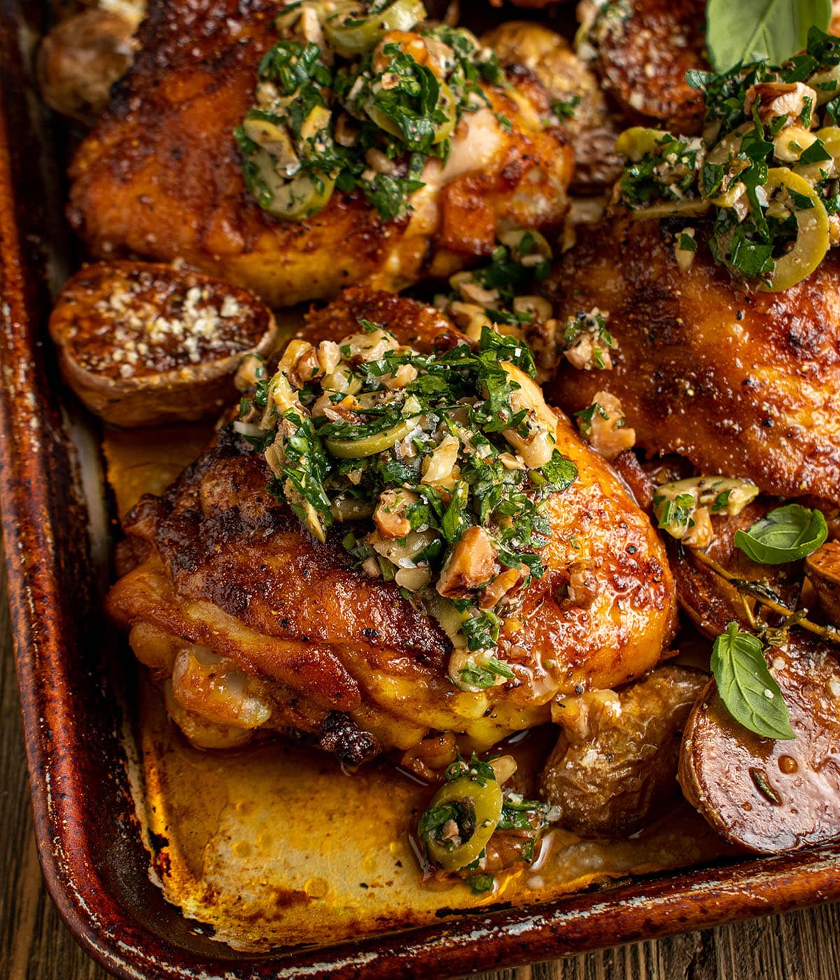 Paprika Chicken with Olive Walnut Vinaigrette
