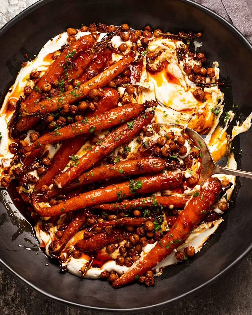 Spicy Maple Roast Carrots with Crispy Chickpeas and Yogurt Sauce