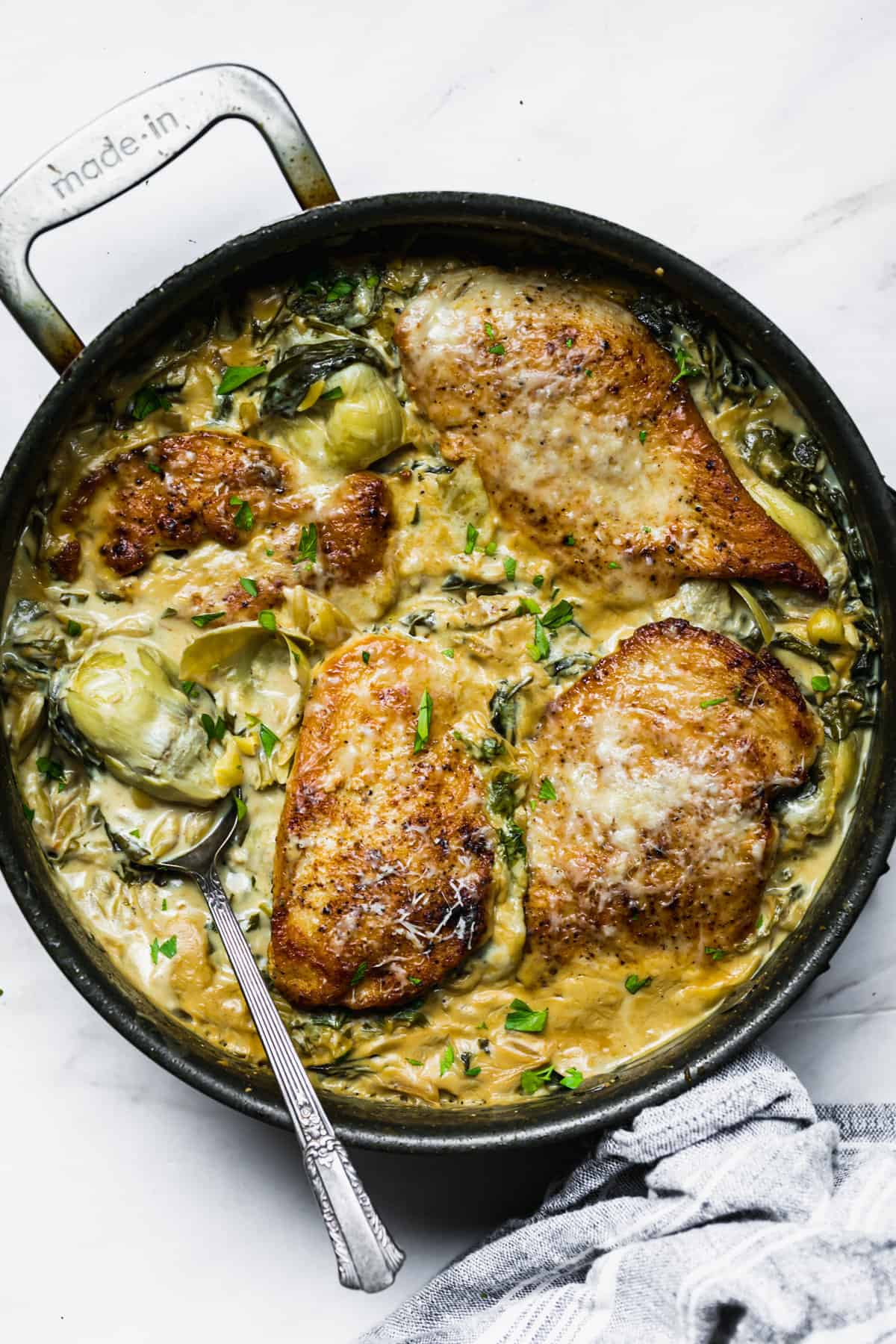Spinach, Artichoke, and Chicken Orzo Skillet