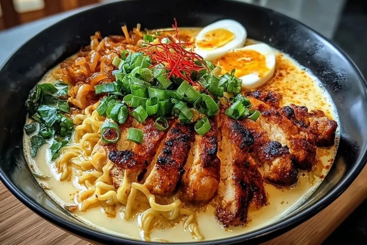 Fiery Chicken Ramen with Creamy Garlic Sauce
