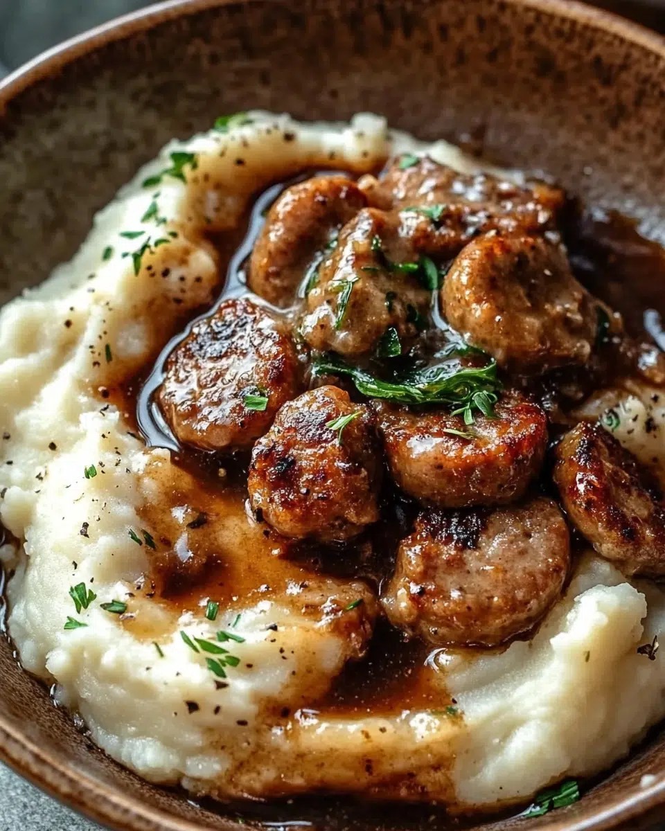 Roasted Garlic Mashed Potatoes with Sausage & Gravy