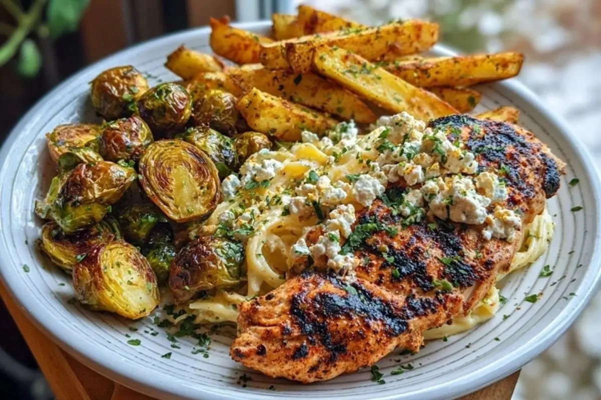 Smoked Paprika Chicken Alfredo with Feta-Tahini Cream & Crispy Brussels-Potato Combo Wedges