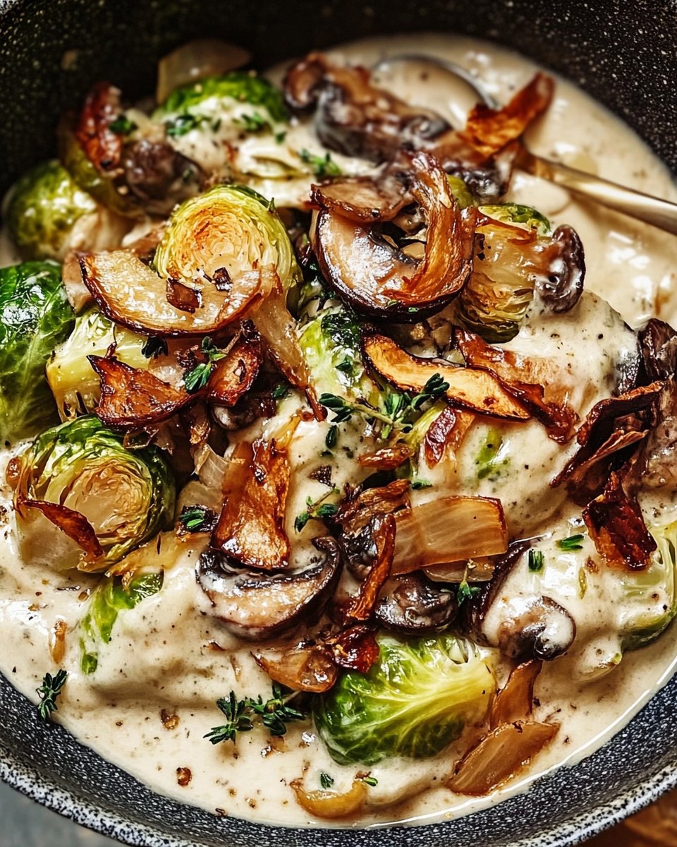 Roasted Brussels Sprouts with Creamy Wild Mushrooms and Crispy Shallots