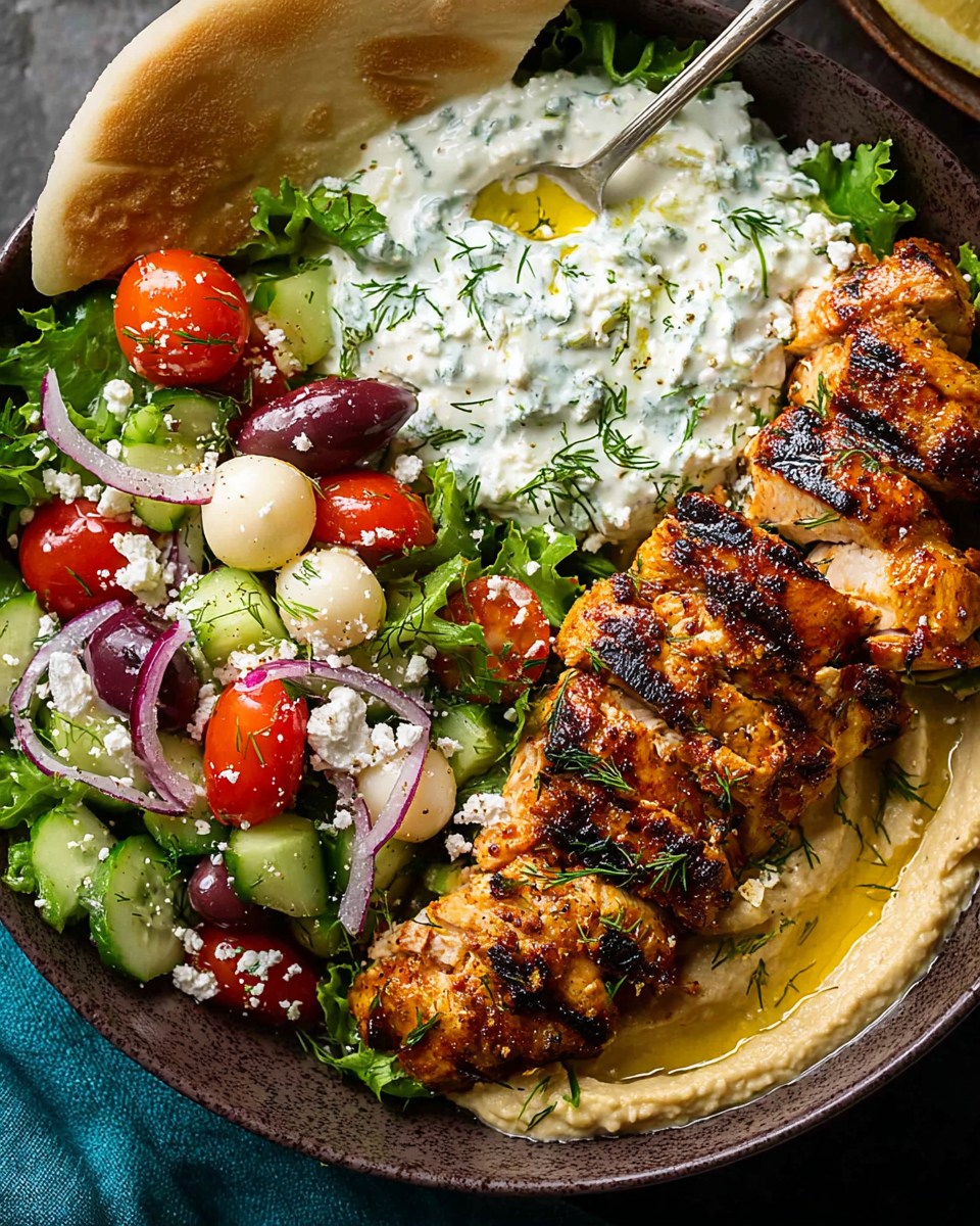 Greek Chicken Bowl with Fresh Salad, Mozzarella Pearls & Creamy Tzatziki