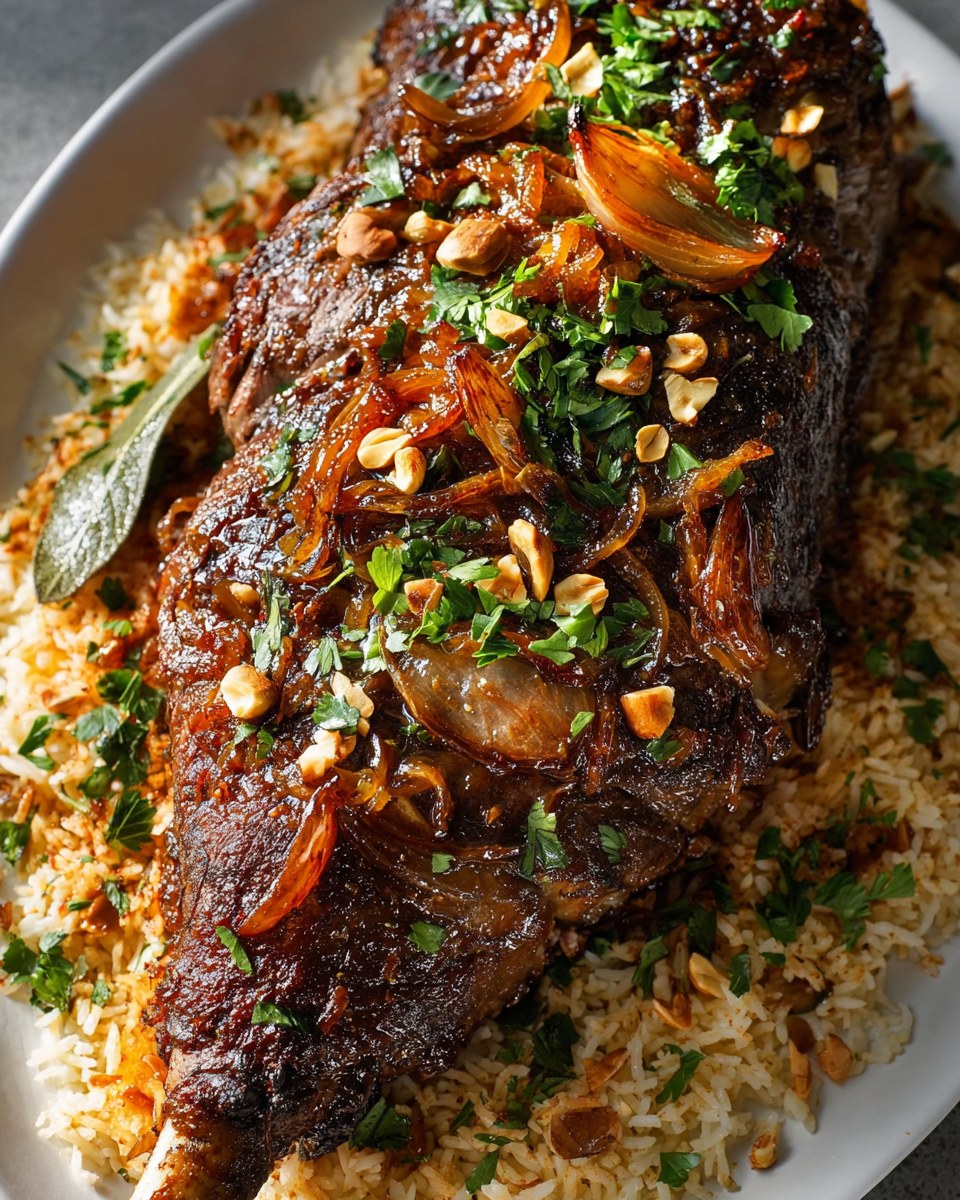 Slow-Roasted Spiced Leg of Lamb with Garlic, Aromatics & Caramelized Onions