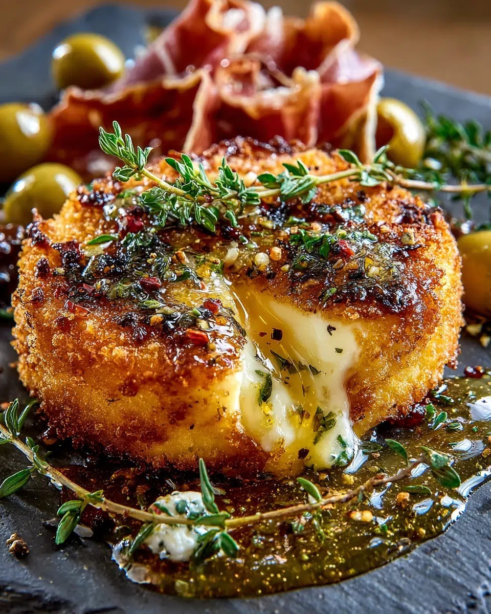 Crispy Fried Brie with Pepper Honey, Warm Lemon-Herb Olives & Prosciutto