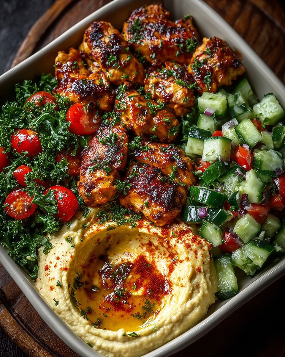 Lemon Chili Grilled Chicken Bowls with Fresh Cucumber Salad & Hummus