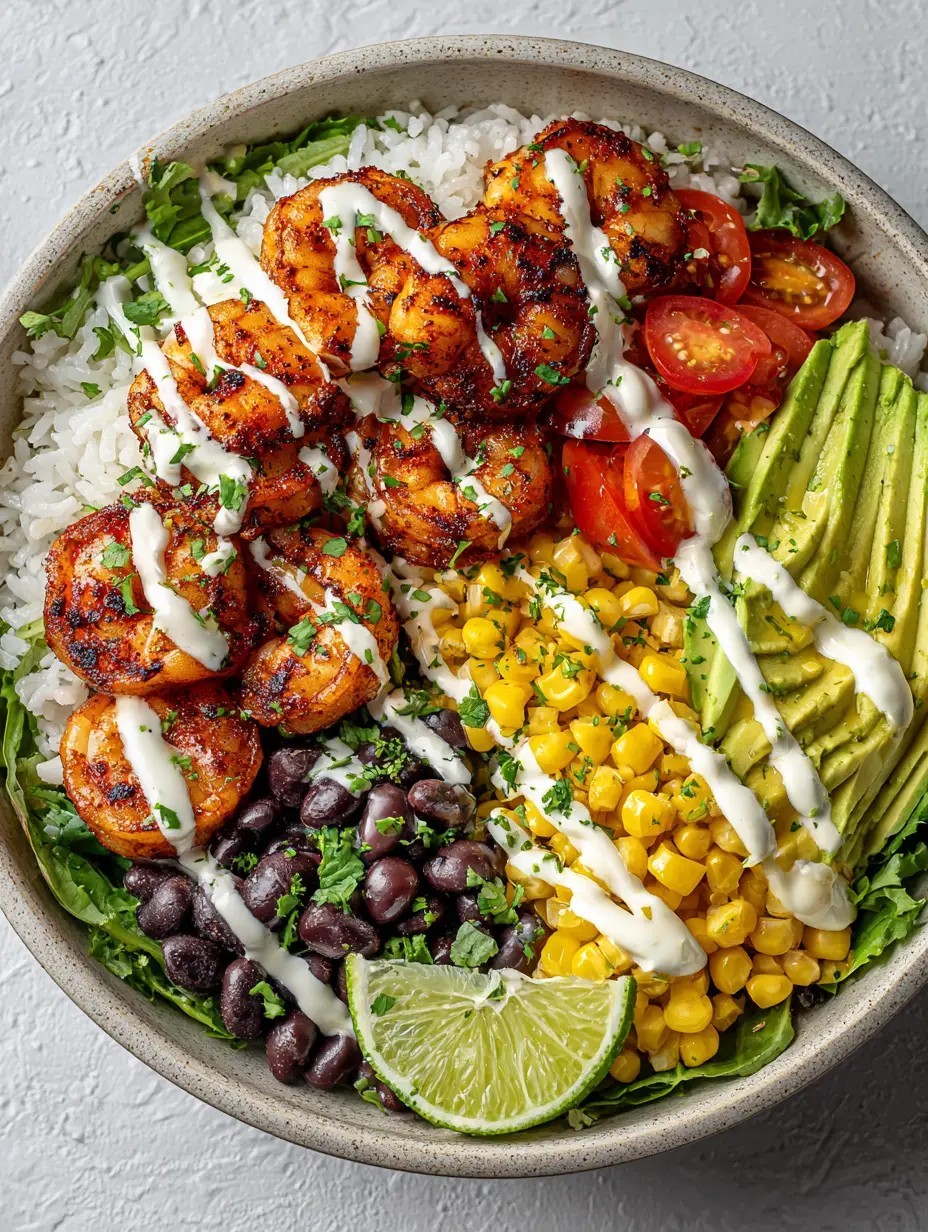 Grilled Shrimp Bowl with Fire-Roasted Corn and Creamy Lime Crema